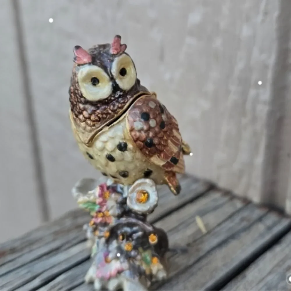 Fitz & Floyd Mini Owl Hinged Trinket Box Jeweled Enamel Rhinestone 3”